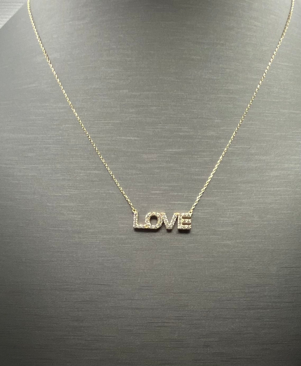 Real 10KT Gold Chain & ‘LOVE’ Charm with Cubic Zirconia Stones