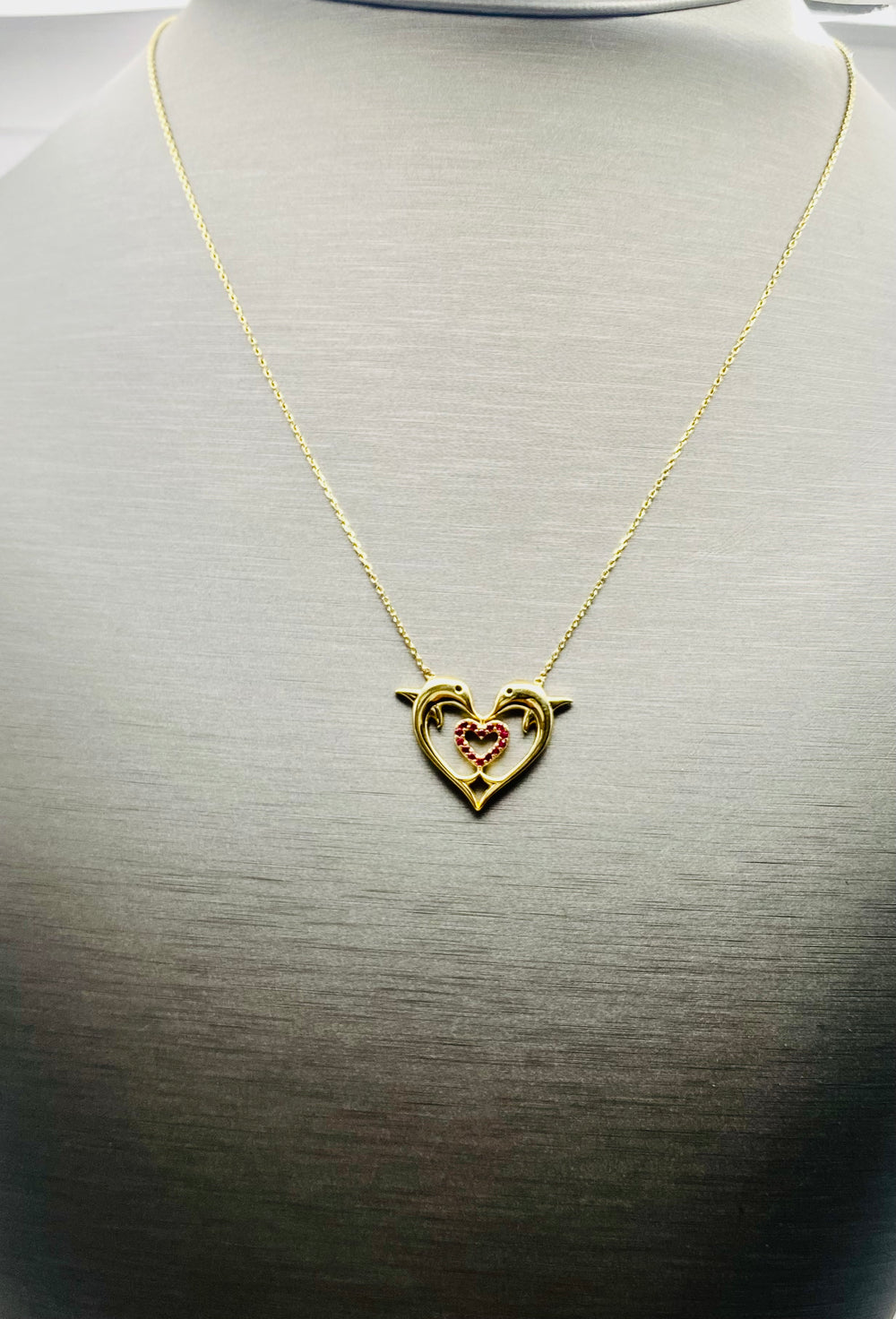Real 10KT Gold Chain & ‘Dolphin Heart’ Charm with Cubic Zirconia Stones