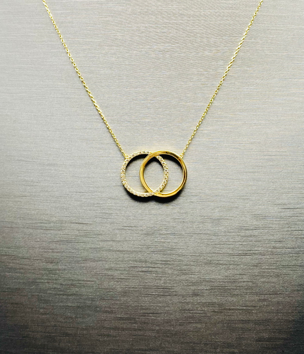 Real 10KT Gold Chain & ‘Interlocked Circle’ Charm with Cubic Zirconia Stones