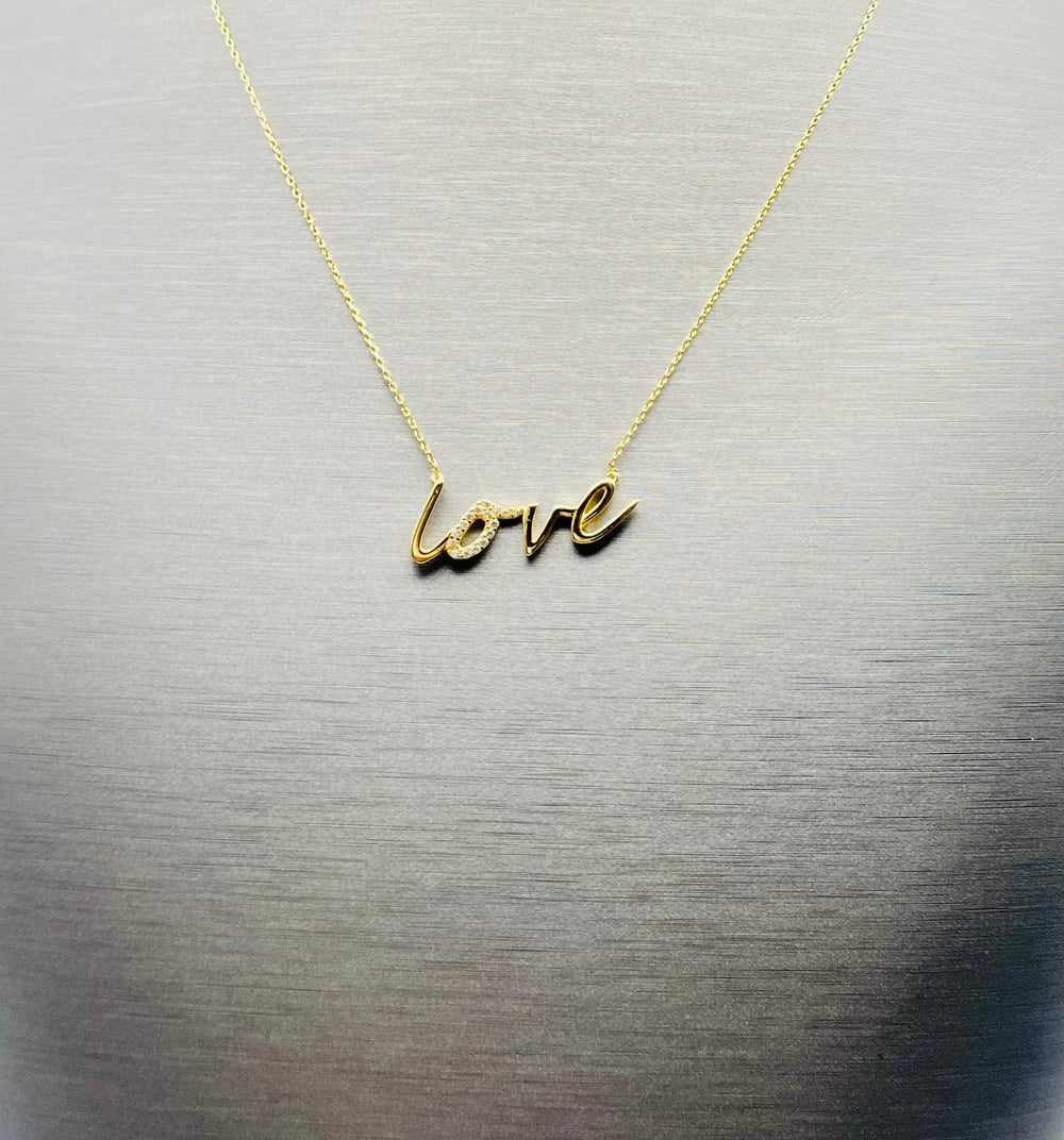 Real 10KT Gold Chain & ‘Love’ Charm with Cubic Zirconia Stones