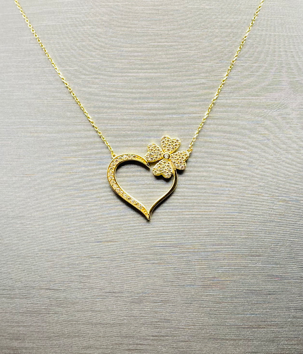 Real 10KT Gold Chain & ‘Love’ Charm with Cubic Zirconia Stones