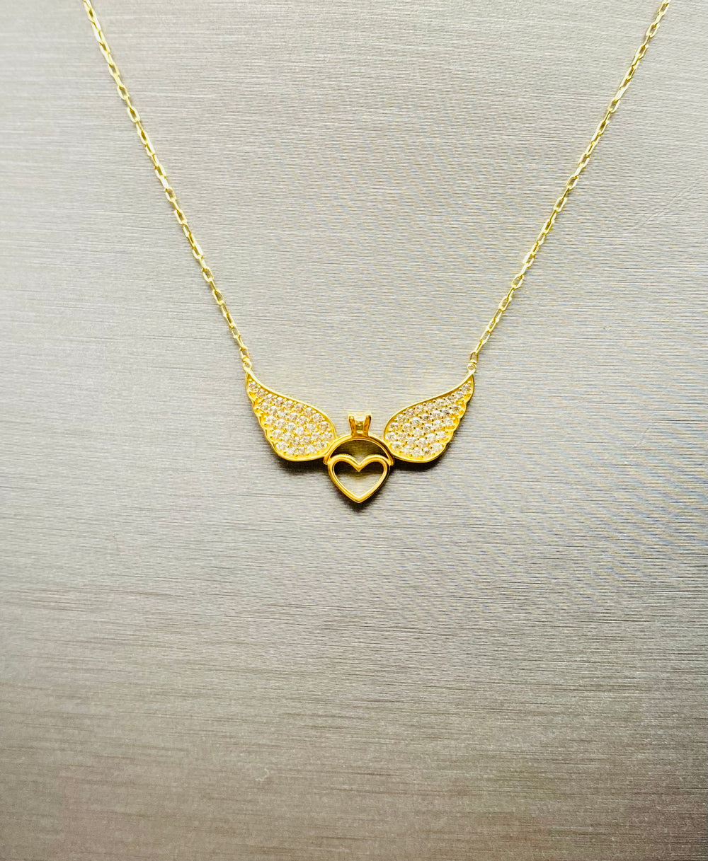 Real 10KT Gold Chain & ‘Heart Wings’ Charm with Cubic Zirconia Stones
