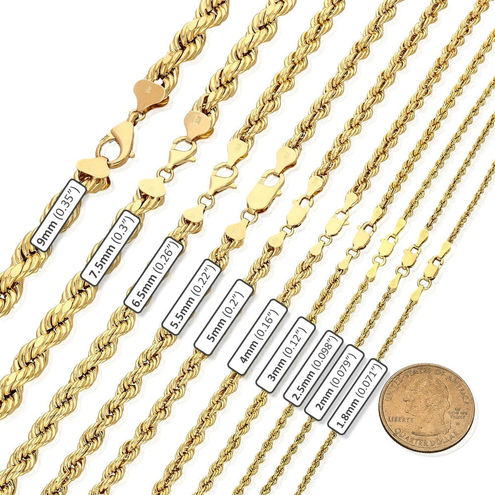 Real 10KT Yellow Gold 1.8mm-7mm Hollow Rope Chain Necklace 16″-24″